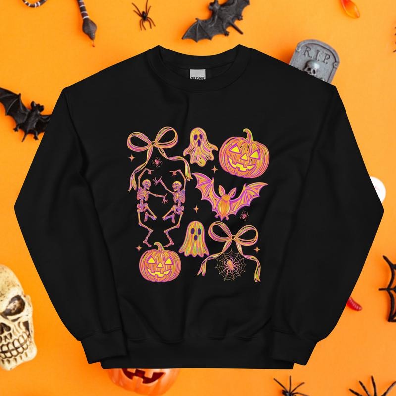 Neon Halloween Skellies Neon Boo Halloween Crewneck - Unisex Casual Sweatshirt, Comfortable Halloween Apparel for Women, Soft Spandex Fabric, Classic Fit, Pre-Shrunk, Air-Jet Spun Yarn, Nicaragua El Salvador Honduras