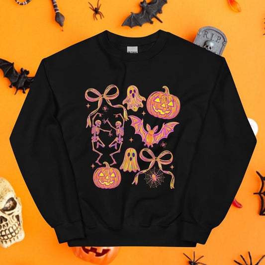 Neon Halloween Skellies Neon Boo Halloween Crewneck - Unisex Casual Sweatshirt, Comfortable Halloween Apparel for Women, Soft Spandex Fabric, Classic Fit, Pre-Shrunk, Air-Jet Spun Yarn, Nicaragua El Salvador Honduras
