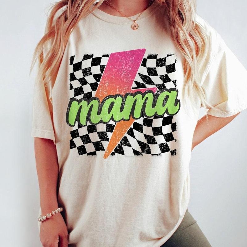 Neon Mama Shirt, Checkered Mama Shirt, Lightning Bolt Shirt, Mothers Day Gift, Retro Checkered Mom Tshirt, Mom Comfort Tee, Gift for Her, Retro Mama Shirt, Mom Women Tops