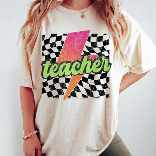 Neon Teacher Shirt, Checkered Teacher Shirt, Lightning Bolt Shirt, Teacher Appreciation Gift, Retro Checkered Teacher Tshirt, Teacher Comfort Tee, Gift for Her, Retro Teacher Shirt, Teacher Women Tops, Back To School T-Shirt