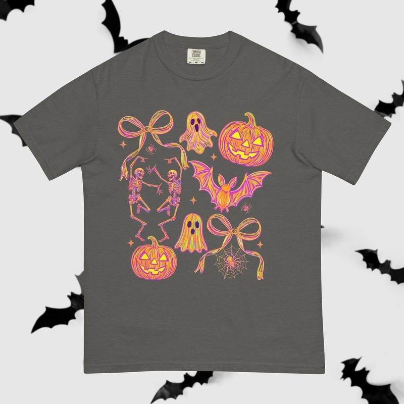 Neon halloween skellies T-shirt, Halloween Shirt -  Unisex Casual Cotton T-shirt, Comfortable Spooky Apparel for Women