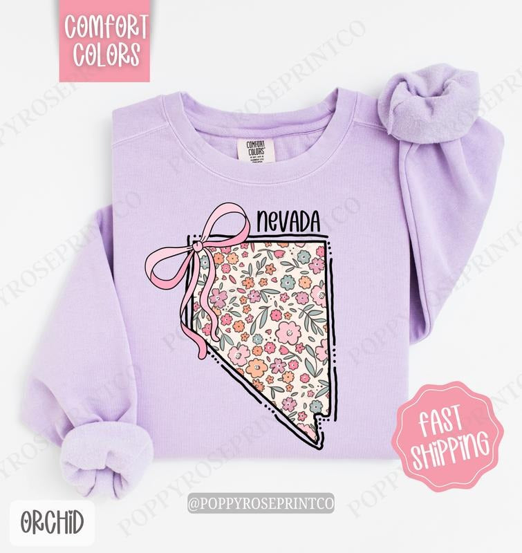 Nevada Floral Comfort Colors Sweatshirt, Nevada Sweatshirt, Cute Bow Nevada Sweatshirt