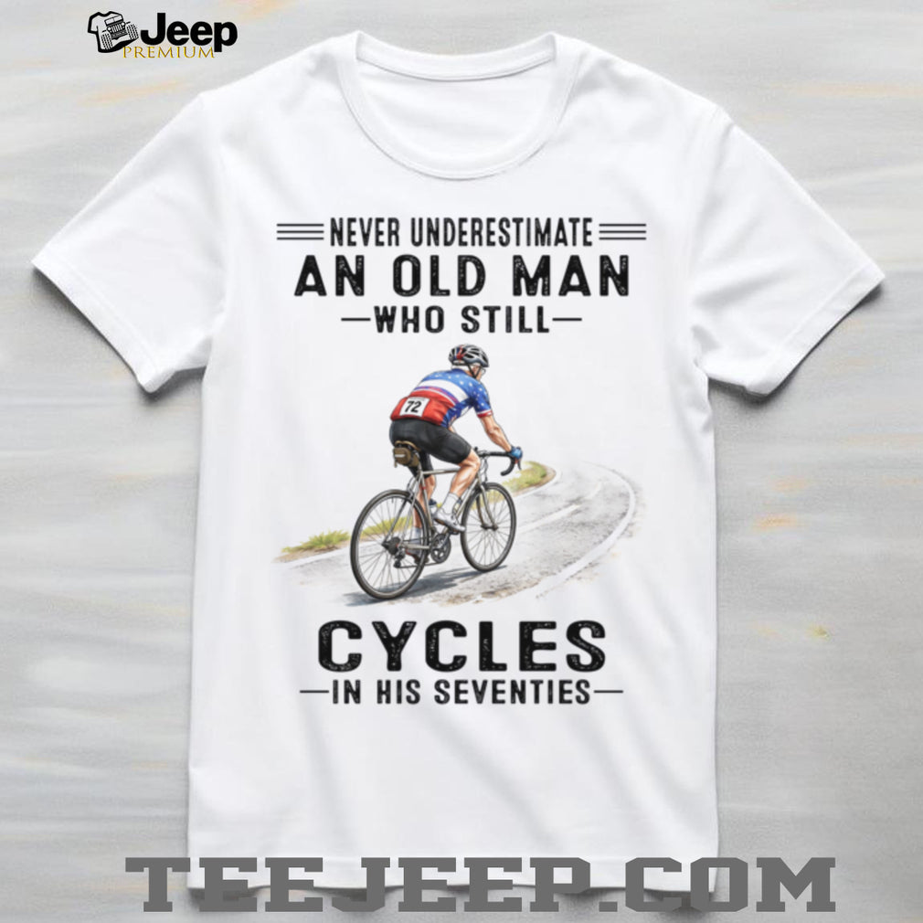 Never Underestimate Old Man Cycling Road Bike In Seventies Shirt