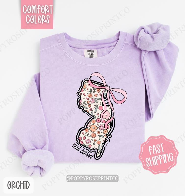 New Jersey Floral Comfort Colors Sweatshirt, New Jersey Sweatshirt, Cute Bow New Jersey Sweatshirt