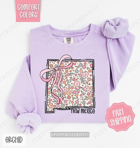 New Mexico Floral Comfort Colors Sweatshirt, New Mexico Sweatshirt, Cute Bow New Mexico Sweatshirt