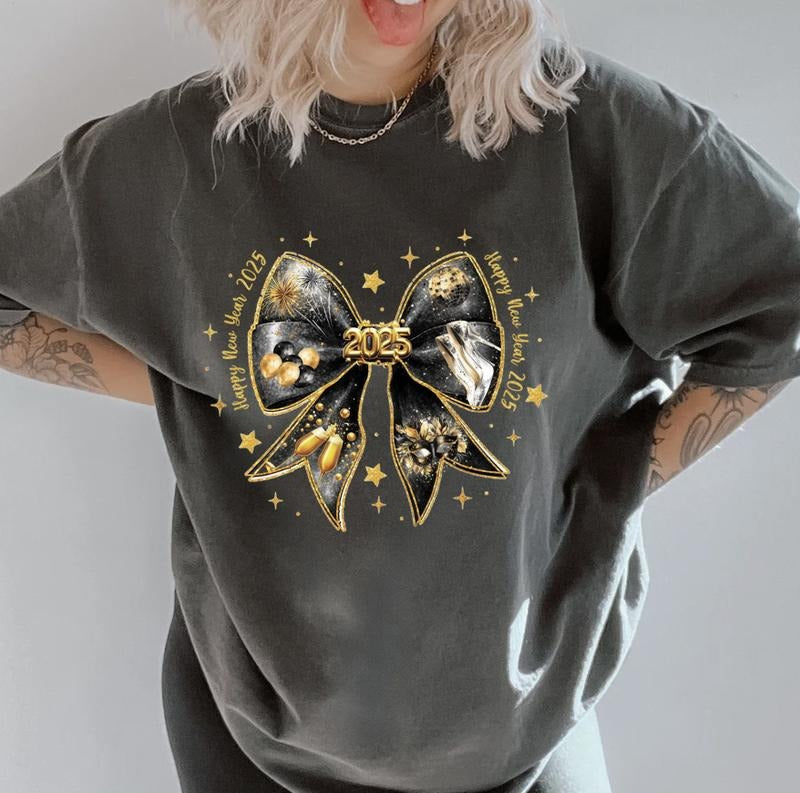 New Year Bow Shirt, Comfort Colors, Christmas Coquette Shirt, Women's Holiday Tee, Casual Comfy Graphic