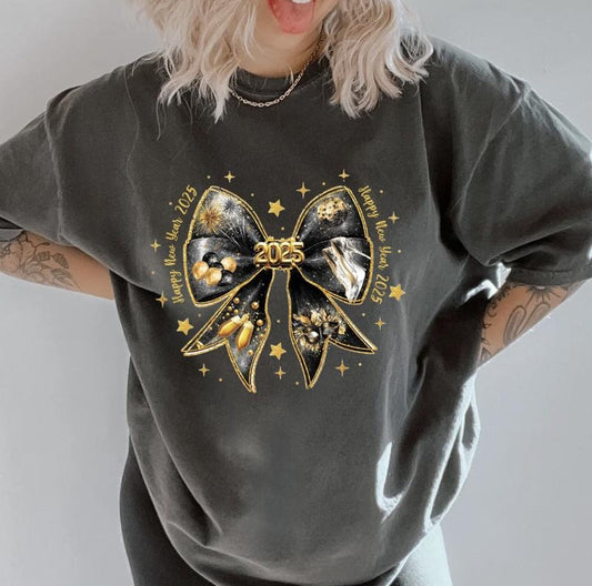 New Year Bow Shirt, Comfort Colors, Christmas Coquette Shirt, Women's Holiday Tee, Casual Comfy Graphic