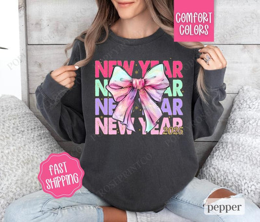 New Year Bow Sweatshirt Comfort Colors, NYE 2025 Crewneck, Happy New Year Sweater