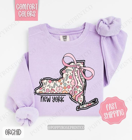 New York Floral Comfort Colors Sweatshirt, New York Sweatshirt, Cute Bow New York Sweatshirt
