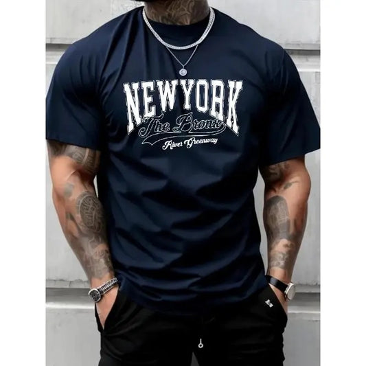 New York Inspired Graphic Print Crew Neck T-Shirt - Soft Slight Stretch Polyester Fabric, Modern Streetwear Style, Alphabets Pattern, Regular Fit, All-Season Wear, Short Sleeve, Casual Top for Adult Men Made in USA