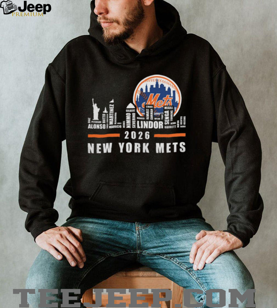 New York Mets 2026 Roster Skyline Word Art Baseball T Shirt