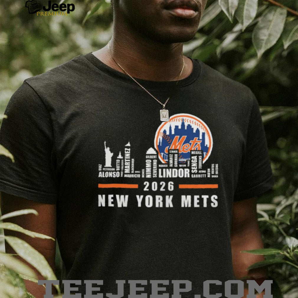 New York Mets 2026 Roster Skyline Word Art Baseball T Shirt