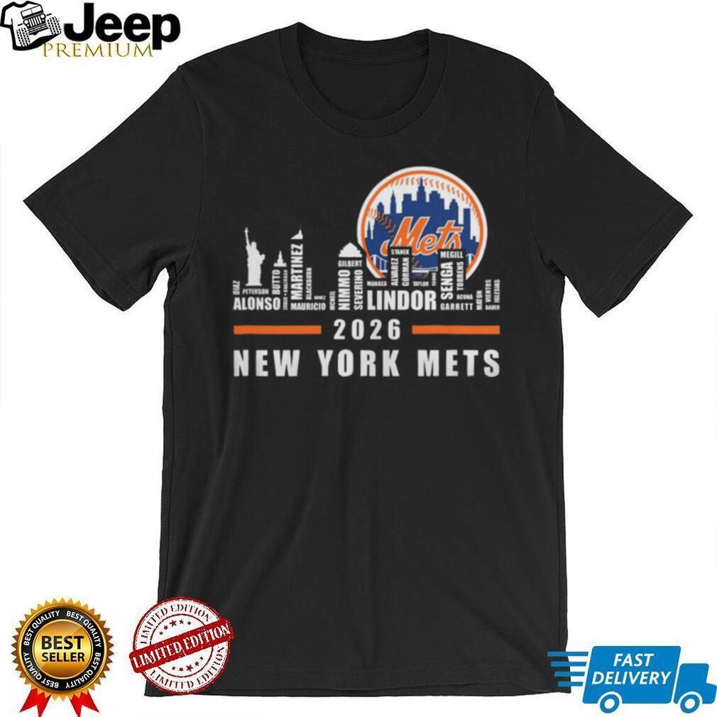 New York Mets 2026 Roster Skyline Word Art Baseball T Shirt