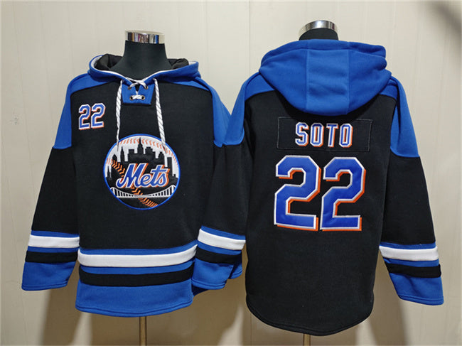 New York Mets #22 Juan Soto Black Blue Ageless Must-Have Lace-Up Pullover Hoodie