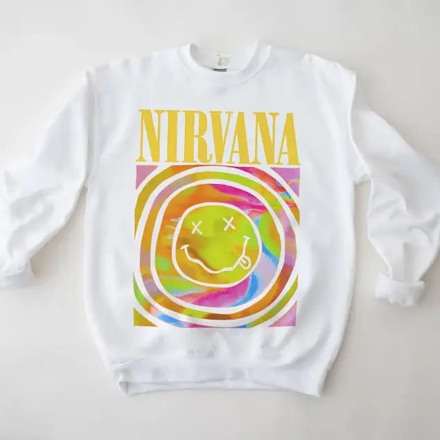 Nirvana Smiley Face Sweatshirt, Nirvana Aesthetic Unisex Crewneck Sweatshirt, Smile Tee Heliconia Pink Sweatshirt, Trendy Pink Nirvana Shirt