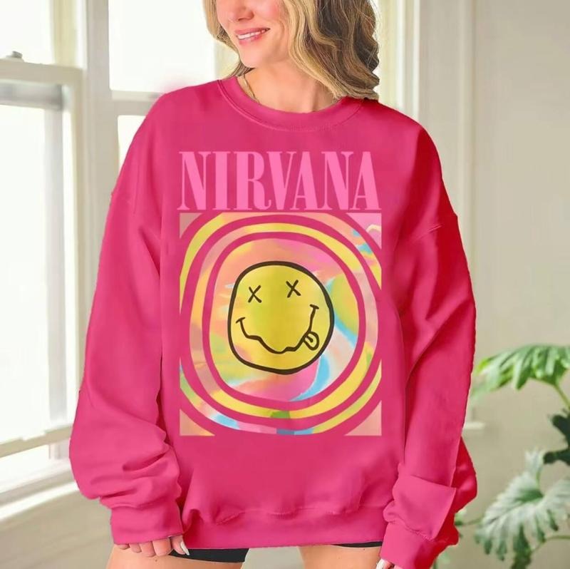 Nirvana Smiley Face Sweatshirt, Nirvana Aesthetic Unisex Crewneck Sweatshirt, Smile Tee Heliconia Pink Sweatshirt, Trendy Pink Nirvana Shirtstyle{n002}2