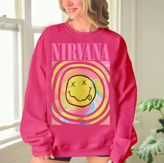 Nirvana Smiley Face Sweatshirt, Nirvana Aesthetic Unisex Crewneck Sweatshirt, Smile Tee Heliconia Pink Sweatshirt, Trendy Pink Nirvana Shirtstyle{n002}2