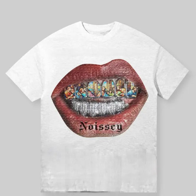 Noissey Grillz with Stained Glass Design T-Shirt, Religious Iconography and Diamond Grillz Art, Bold Graphic Tee, Trendy...