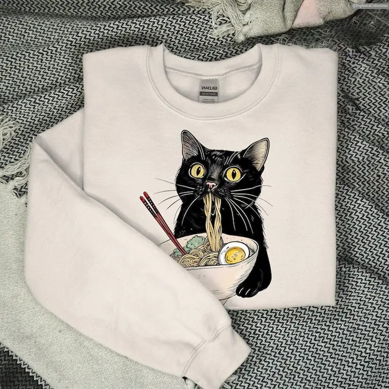 Noodle Ramen Cat Shirt, Sweater, Hoodie, Foodie Cat Pet Lover Shirts, Black Cat Noodle T-Shirts, Retro 90s Cute Minimal Tees , Global Trending Outfits