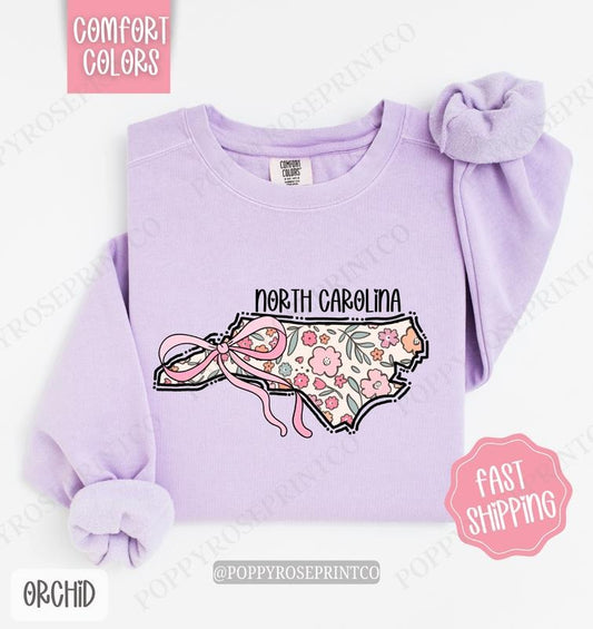North Carolina Floral Comfort Colors Sweatshirt, North Carolina Sweatshirt, Cute Bow North Carolina Sweatshirt