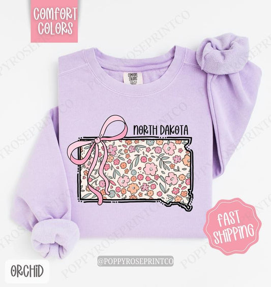 North Dakota Floral Comfort Colors Sweatshirt, North Dakota Sweatshirt, Cute Bow North Dakota Sweatshirt