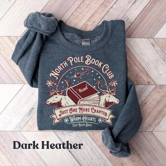 North Pole Book Club Christmas Sweatshirt, Book Club Hoodie, Christmas Gift For Book Lovers, Bookish Girl Shirt, Holiday Womenswear Crewneck Pullover Long Sleeves Graphic Fabric Sweater