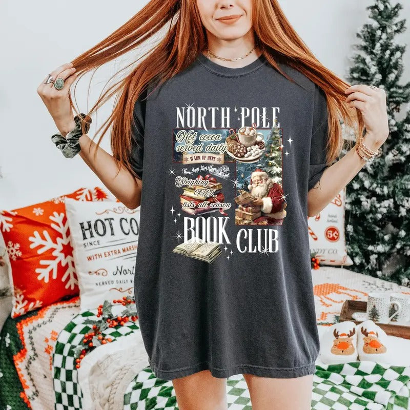 North Pole Book Club Santa T-Shirt for Book Lovers - Vintage Christmas Gift - Fabric, Pullover