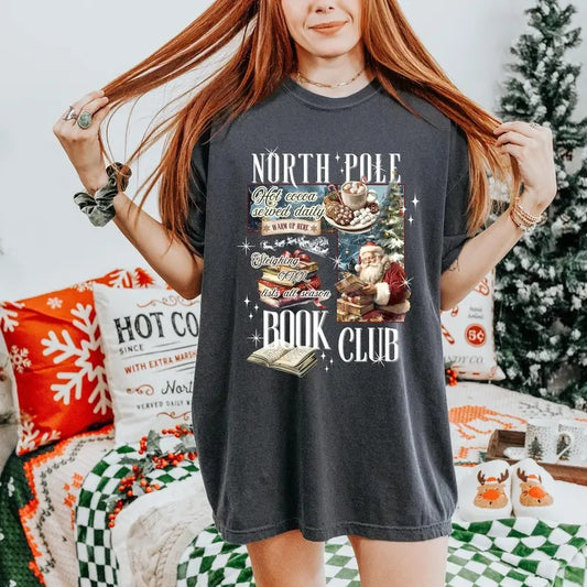 North Pole Book Club Santa T-Shirt for Book Lovers - Vintage Christmas Gift - Fabric, Pullover