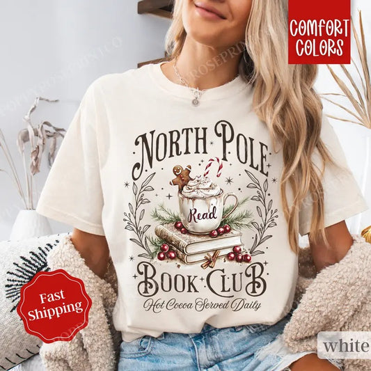 North Pole Book Club Shirt,  Christmas Shirt Comfort Colors Holiday Tshirt,  Book Lover Gift, Women's Holiday Tee