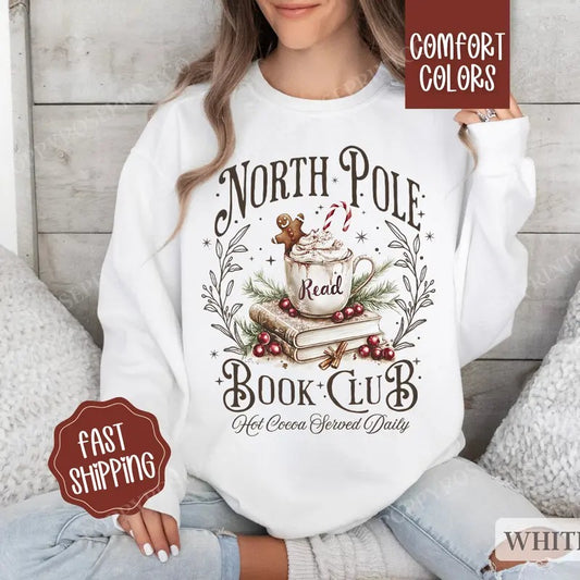 North Pole Book Club Sweatshirt Comfort Colors, Christmas Sweater,  Xmas Tshirt, Women's Holiday Crewneck