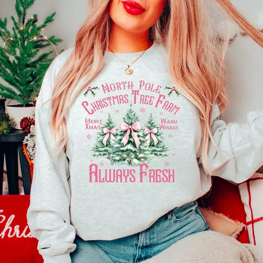 North Pole Farm Fresh Christmas Tree Sweatshirt, Christmas Tree Cake Shirt, Pink Christmas Sweatshirt, Vintage Christmas Crewneck, Retro Christmas Shirt For Women, Girly Christmas Sweatshirt