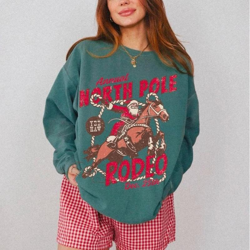 North Pole Rodeo Crewneck, Country Christmas Western Shirt, Christmas Cowboy Santa Claus Sweatshirt, Vintage Groovy Festive Sweatshirt, Santa Rodeo Shirt