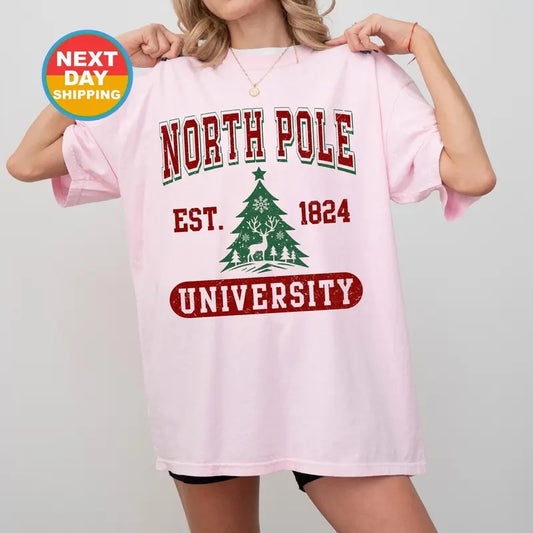 North Pole University, Christmas Sweatshirt, Comfort Color Tshirt, North Pole Shirt, Holiday Sweatshirt, Santa, Reindeer, Women Crewneck