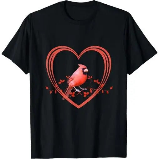 Northern Cardinal Bird in Heart T-Shirt Made in USA