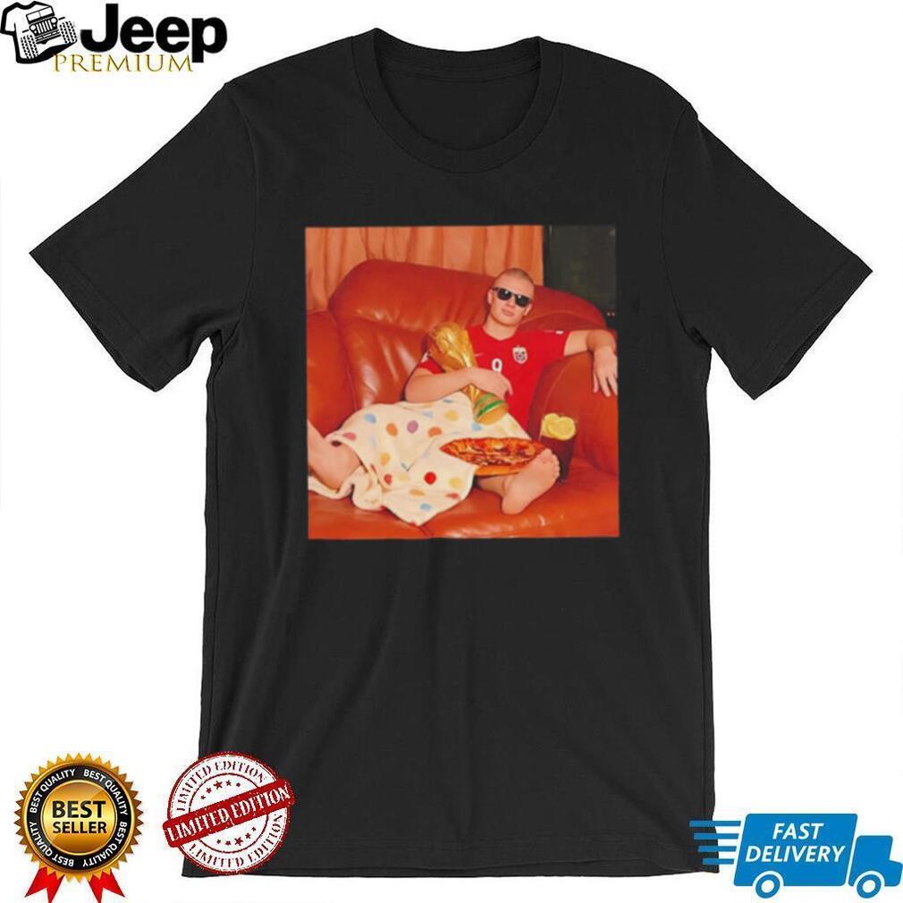 Norway Erling Haaland sitting on couch with trophy and pizza 2026 World Cup shirt