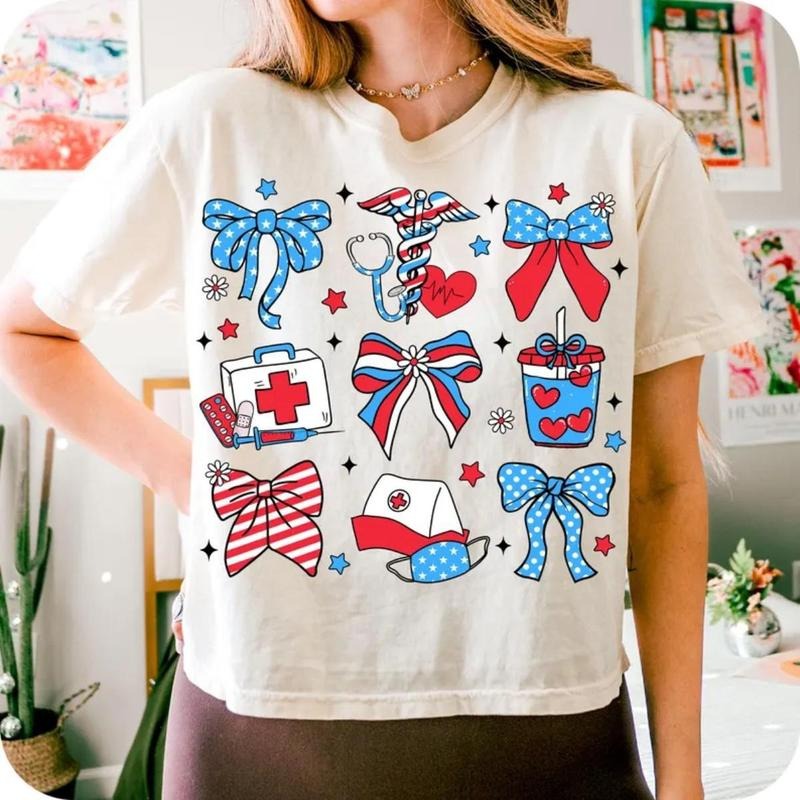 Nurse 4th Of July Shirt, Coquette Bow Nurse Tee, 4th Of July Nurse Shirt, Nurse America T-Shirt, Patriotic Gift, Memorial Day Tee