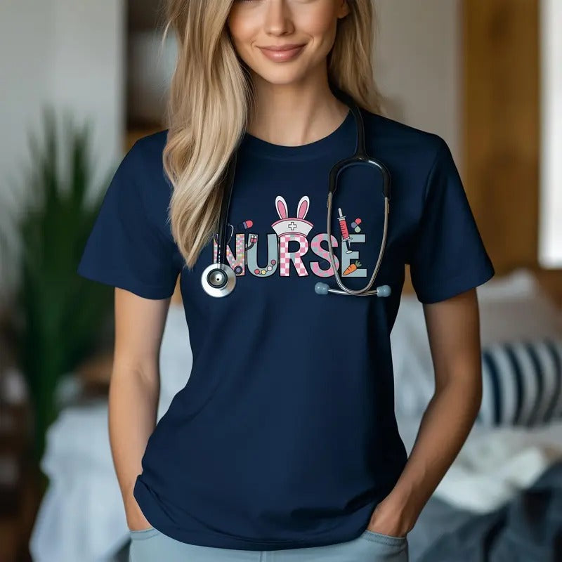 Nurse Bunny Ears Graphic Unisex T-Shirt | Trendy Easter Apparel for Medical Professionals Casual Crewneck
