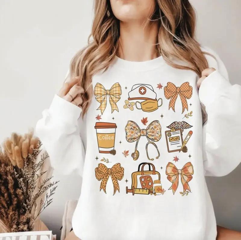Nurse Fall Coquette Sweatshirt, Autumn Pumpkin Tee, Preppy Nursing Shirt, Cute Bow Coquette Nurse Gifts, Cozy Fall Nurse Outfit