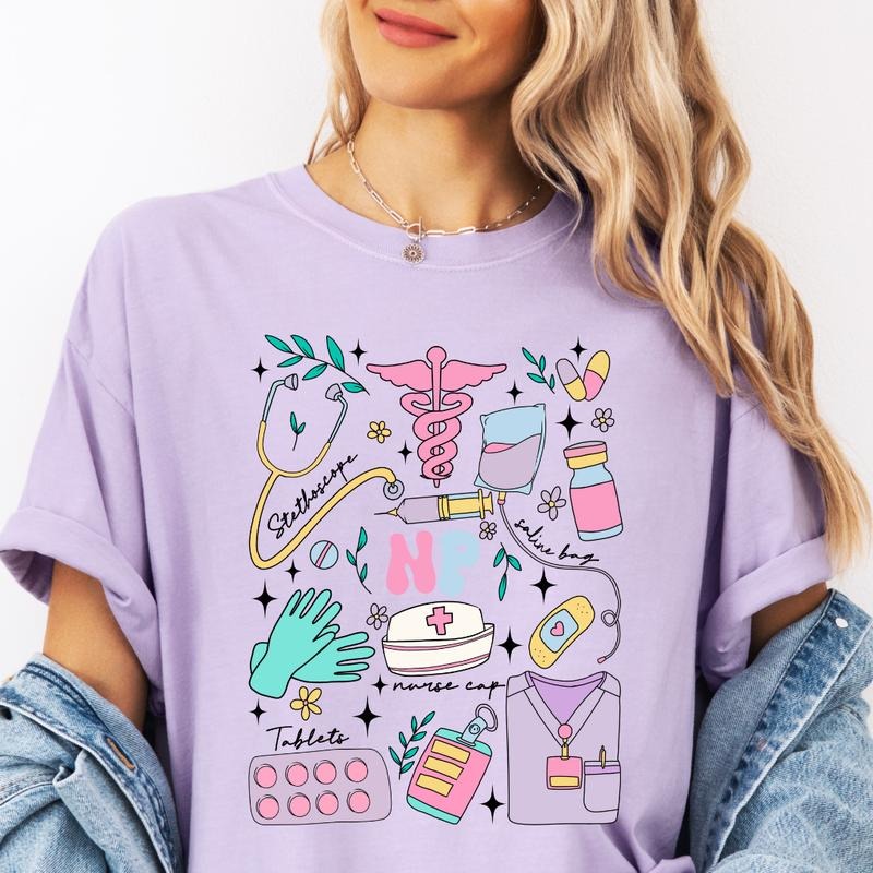 Nurse Practitioner doodles Shirt ~ Unisex Apparel Relaxed Fit Printed In The USA Clothing Womenswear Casual Comfort Cotton Top Athletic Boho Chic