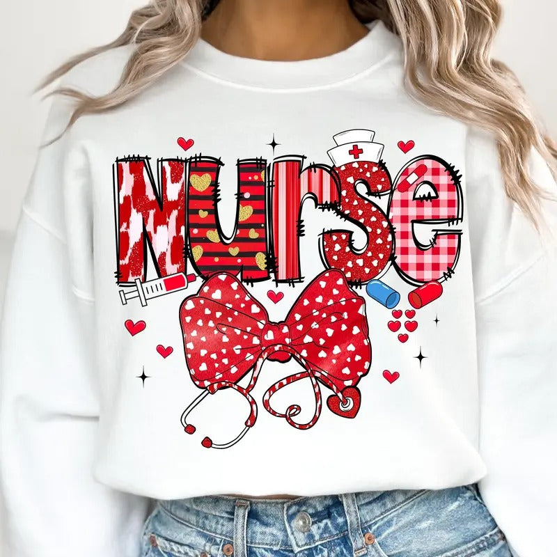 Nurse Valentine Coquette Bow Shirt, Valentine Nurse Crewneck, Heart Nurse Sweatshirt, Romantic Holiday Sweater