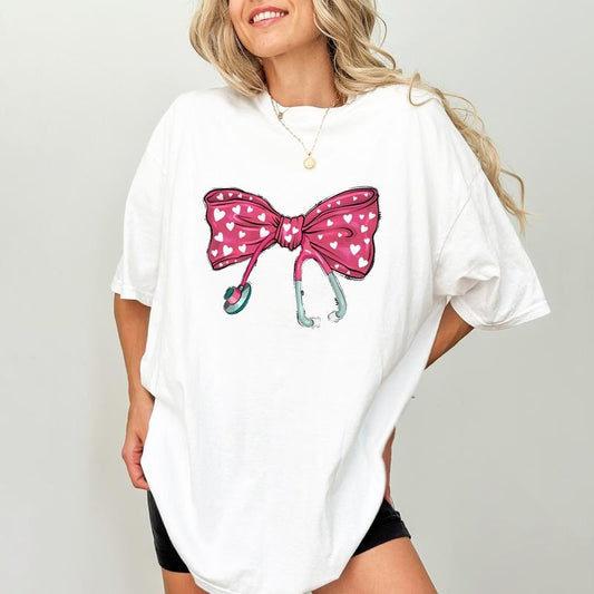 Nurse Valentines Comfort Colors Shirt, Coquette Bow Nurse Graphic Tee, Coquette Valentine Tee, Valentine Gift For Healthcare Worker