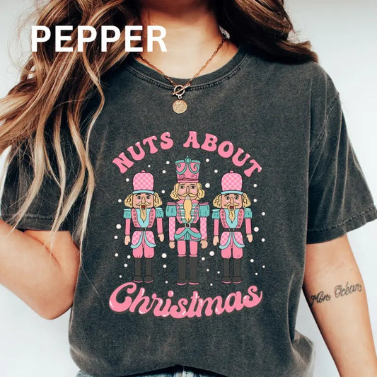 Nuts about Christmas shirt Women's Oversized Christmas Shirt - Festive Printed Design - Cotton, Comfortable