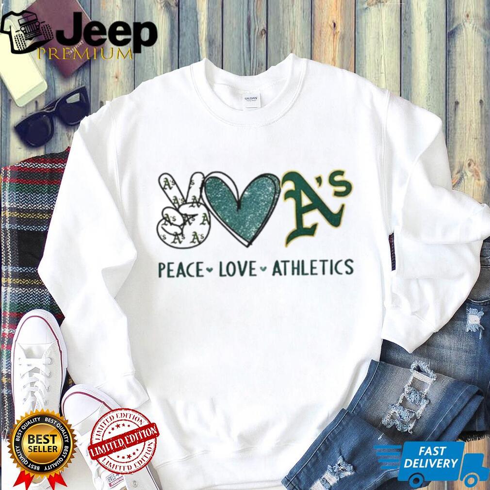 Oakland Athletics Peace Love Athletics Glitter Logo Baseball T Shirt