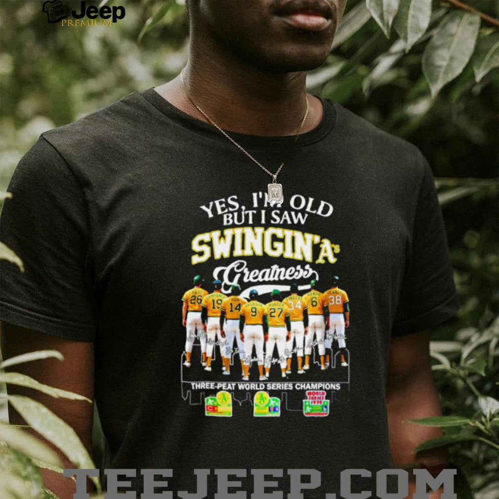 Oakland Athletics Swinging As Greatness Three Peat World Series Champions Vintage Retro Fans Men Women T Shirt