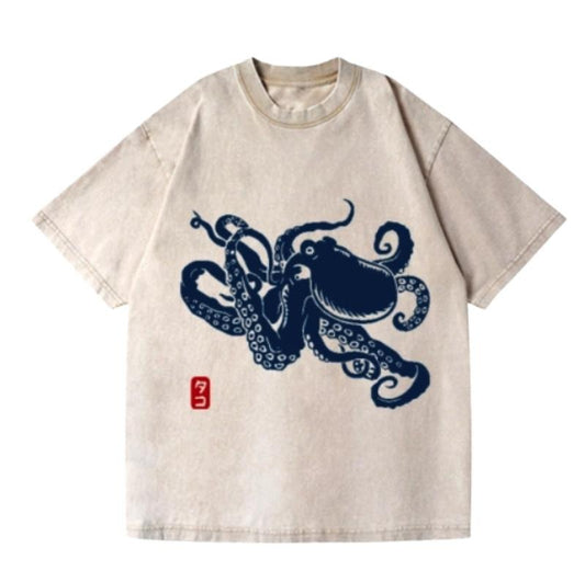 Octopus Vintage Wash Japanese Design T-Shirt Comfort Streetwear Summer Crewneck