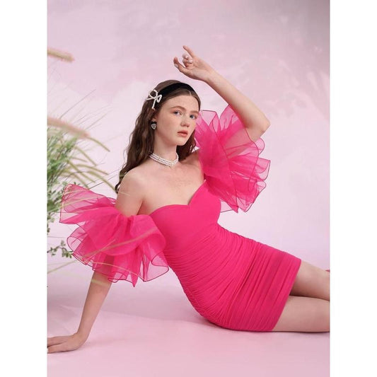 Off Shoulder Prom Dress Puff Sleeve Ruched Mesh Cocktail Bodycon Party Elegant Mini Dresses