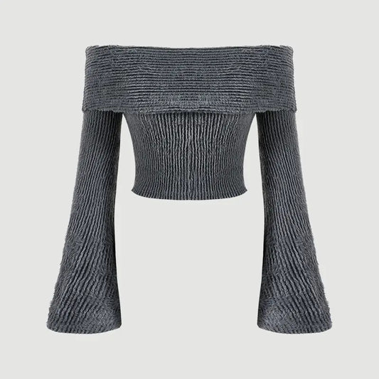 Off The Shoulder Sweater Bell Long Sleeve Slim Fitted Crop Tee TopY2K