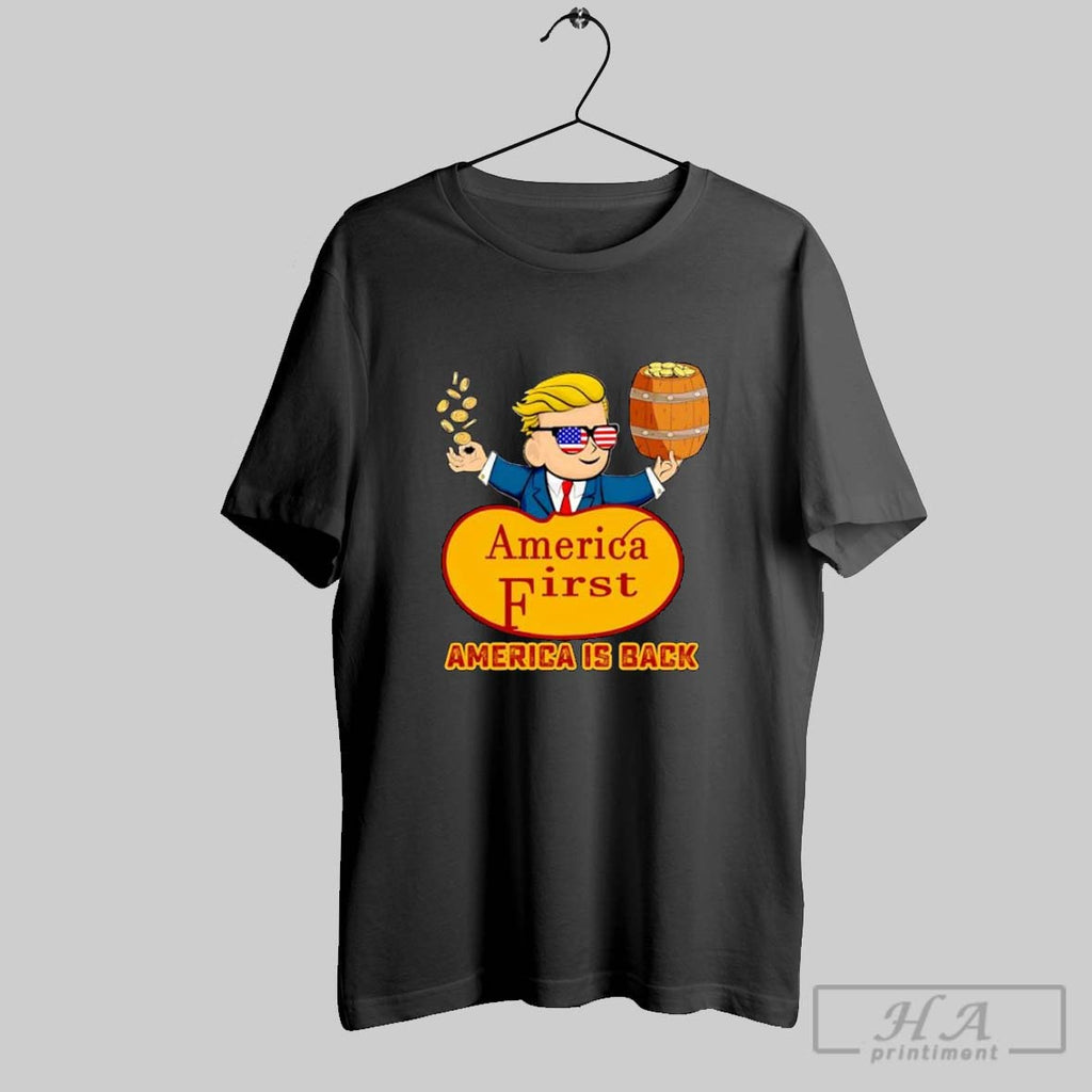 Official America First America Is Back Donald Trump Cartoon Character Throwing Gold Coins