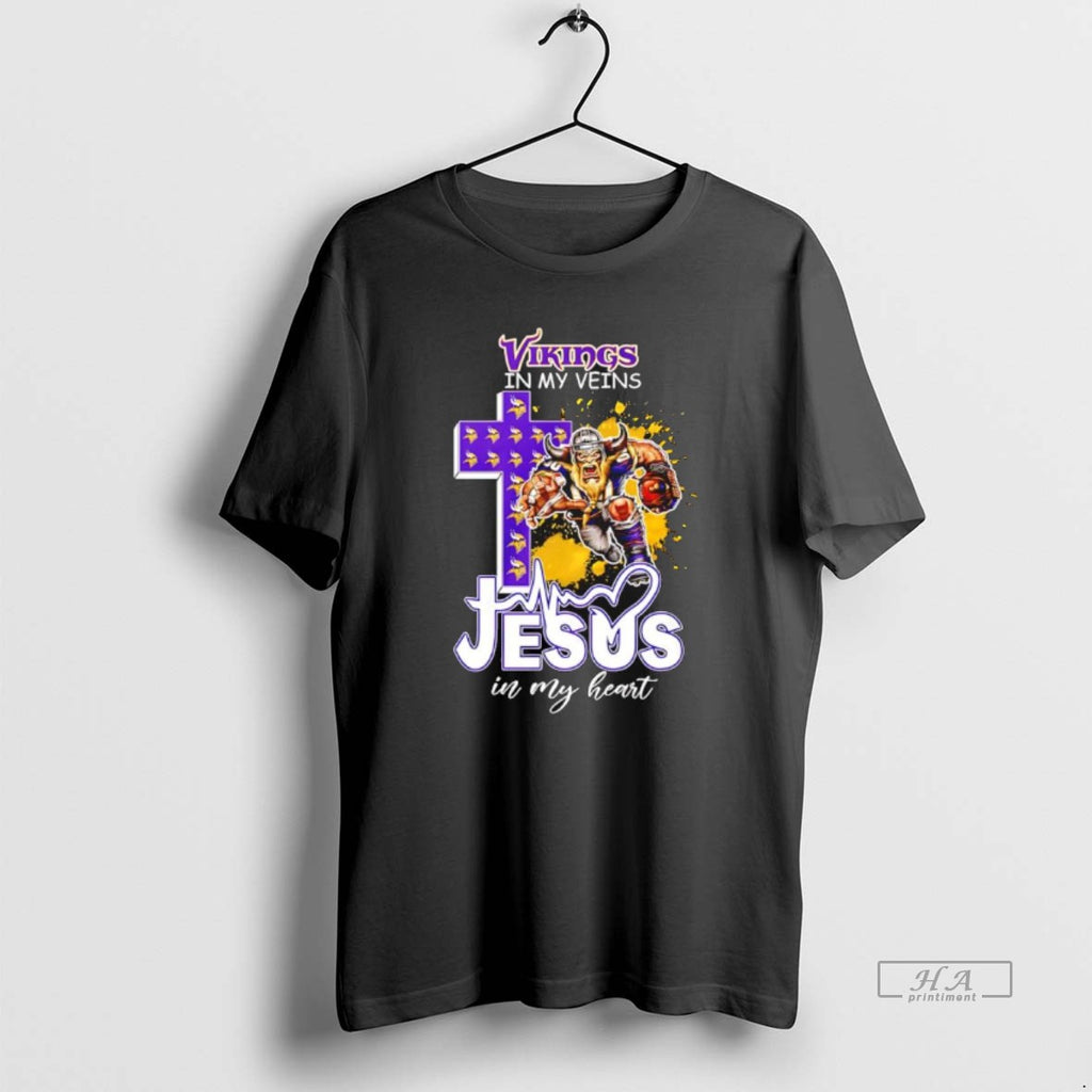 Official Minnesota Vikings In My Veins Jesus In My Heart Features A Football Player Logos