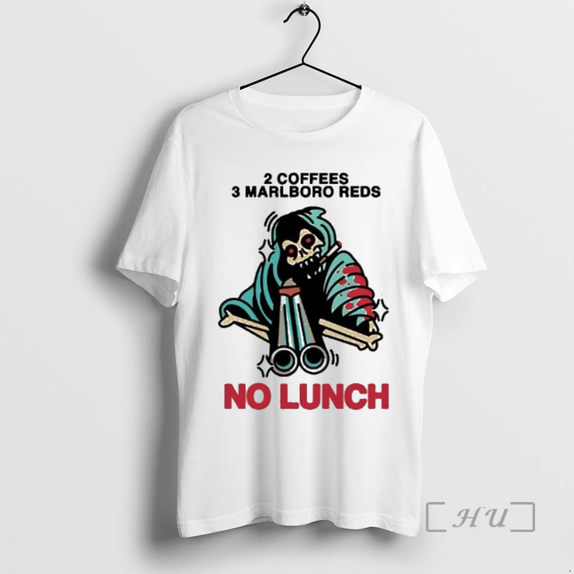 Officials 2 Coffees 3 Marlboro Reds Skeleton Holding Shotgun No Lunch Premium T Shirts Sweater